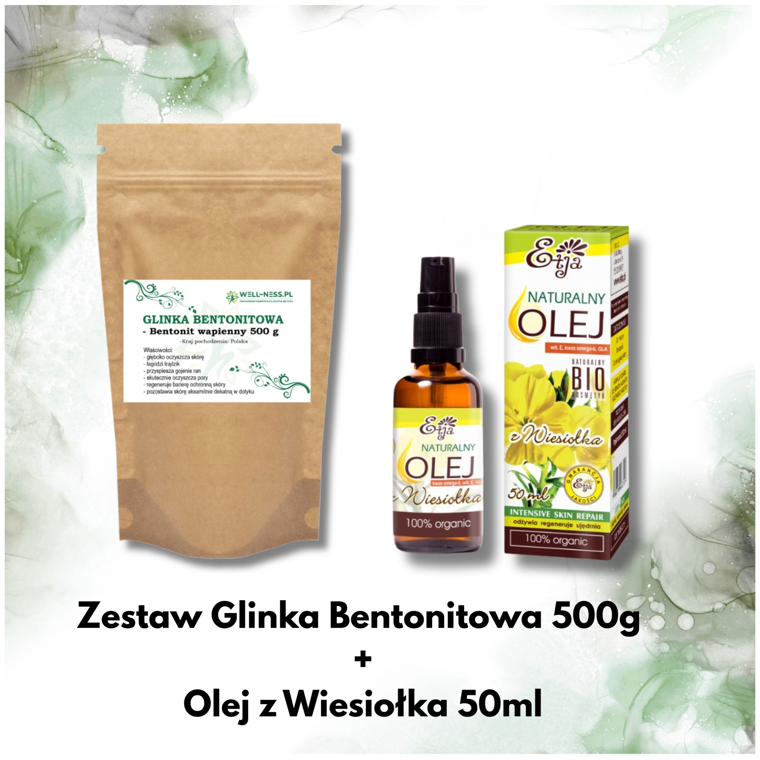 Zestaw Glinka Bentonitowa - bentonit wapienny 500g + Olej z Wiesiołka BIO 50 ml