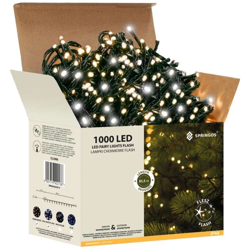 Lampki choinkowe Springos 1000 Led biały ciepły, flash biały zimny 81,5 m oświetlenie świąteczne IP44 1 szt.