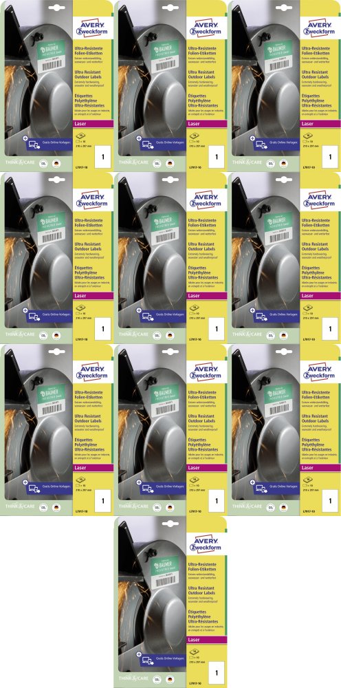 10x Etykiety polietylenowe Avery Zweckform Ultra Resistant, A4, 210x297mm, 10 arkuszy, biały