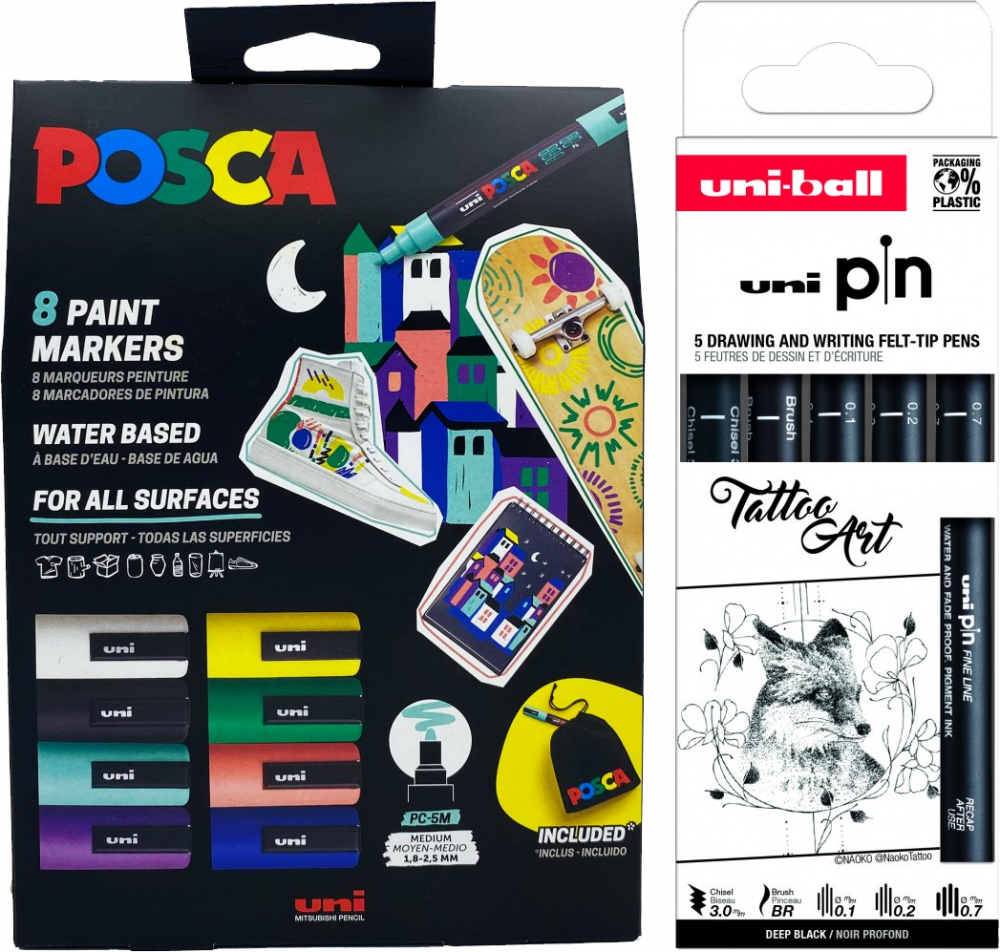 Zestaw cienkopisów kreślarskich Uni PIN-200 Tattoo Art, 5 sztuk, czarny + Markery Posca zestaw Uni PC-5M, okrągła, 8 sztuk + torba, mix kolorów