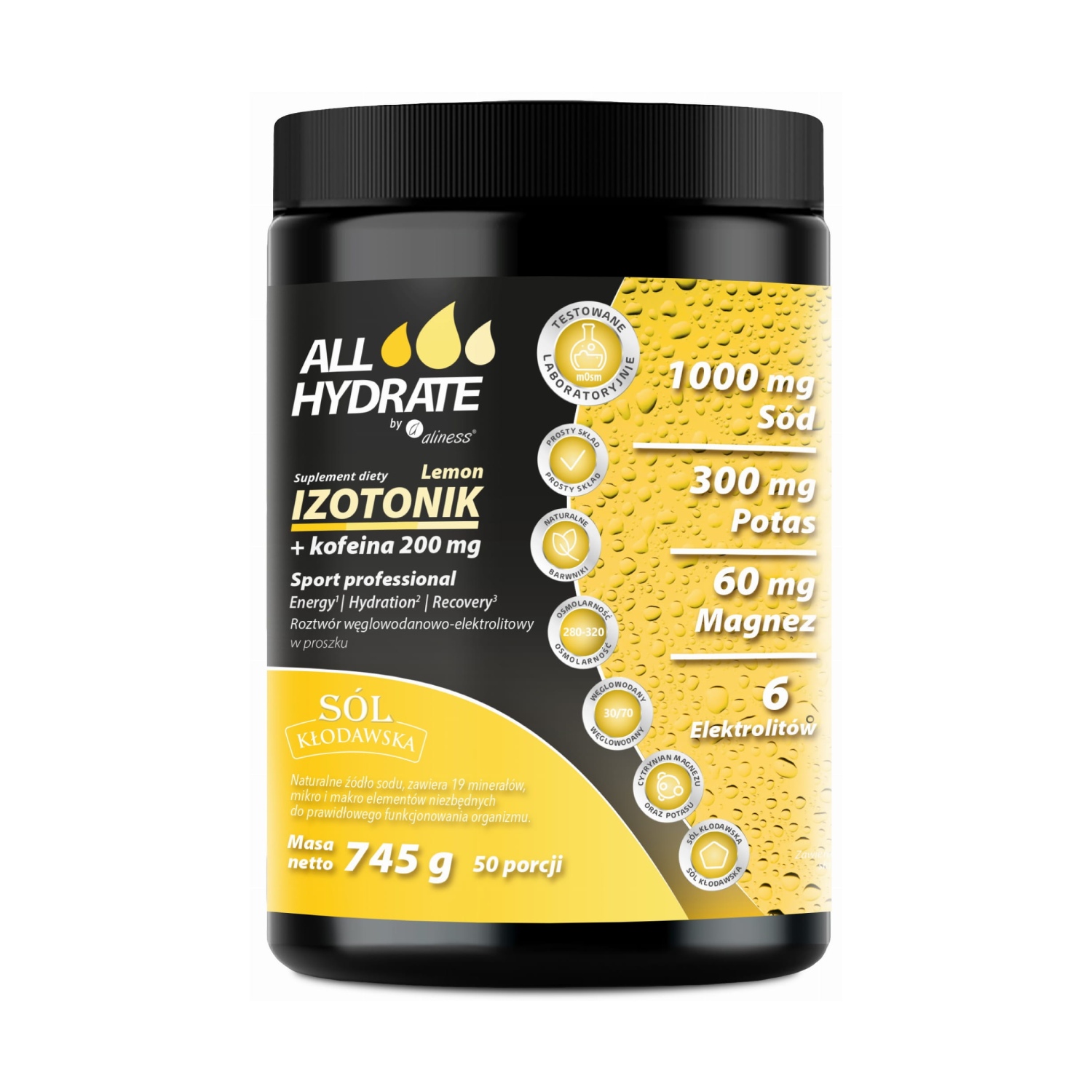 Aliness, allhydrate, elektrolity lemon + kofeina, 745 g