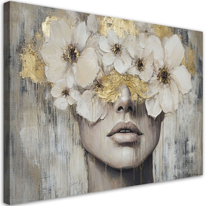 Obraz na płótnie Feeby Kobieta Kwiaty Złoty Beżowy 120x80cm 1szt