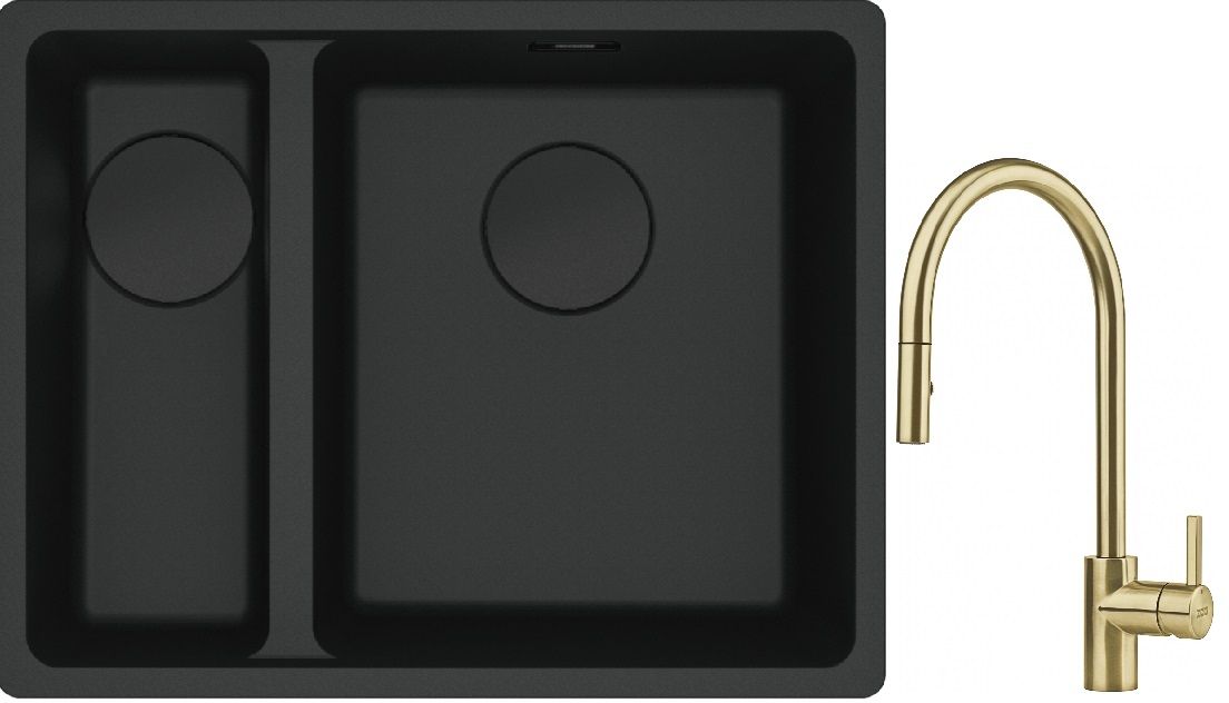 Franke Maris MRG 160-34-15SBL zlewozmywak 52x40 cm Fragranite czarny mat z baterią kuchenną Eos Neo M Pull-Out Spray złotą ...