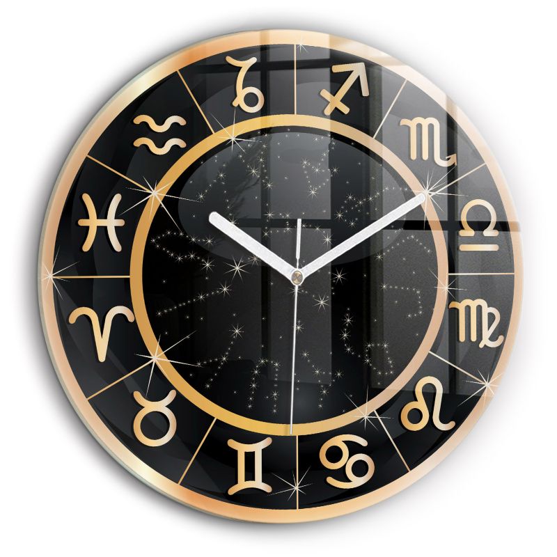 Zegar szklany białe wskazówki Wallfluent fi60 cm Czarne znaki zodiaku 1 szt.