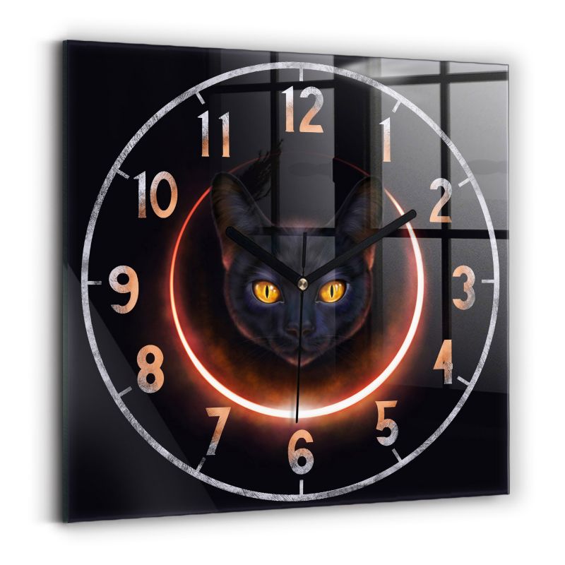 Zegar szklany czarne wskazówki Wallfluent 30x30 cm Magiczny kot 1 szt.