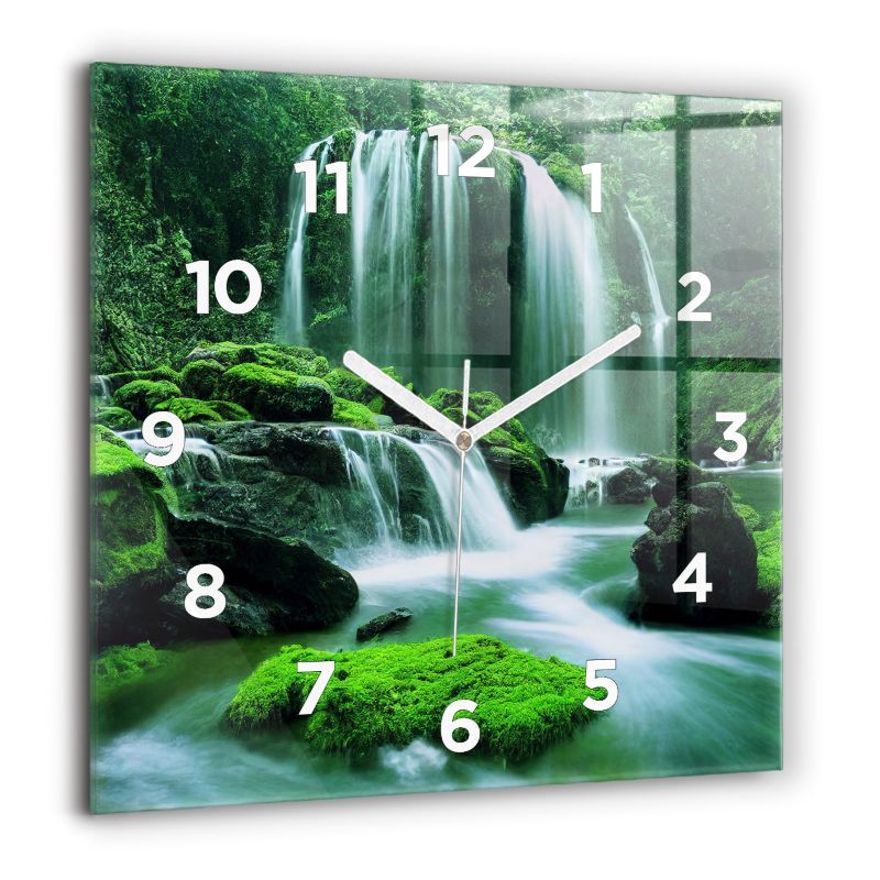 Zegar z białymi wskazówkami Wallfluent 60x60 cm Wodospad wśród mchu Szklany 1 szt.