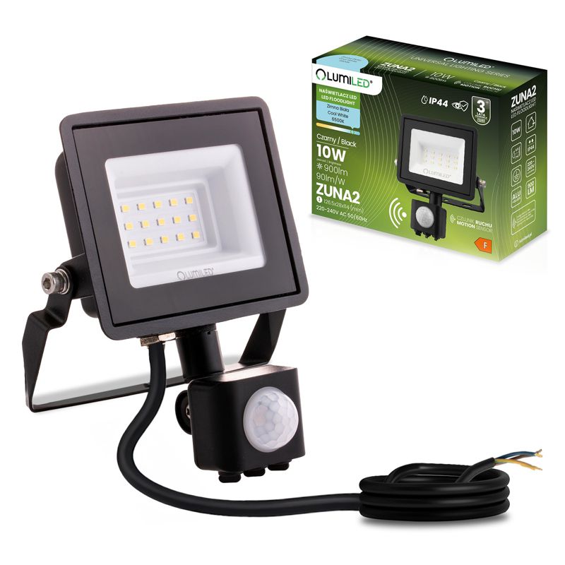 Naświetlacz LED Lumiled 10W 900lm 6500K IP44 Czarny z Czujnikiem Ruchu 1 szt.