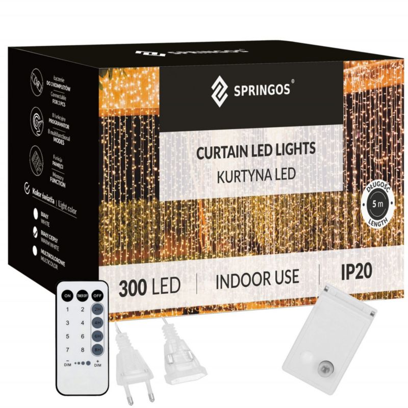 Kurtyna świetlna Springos 300 led lampki choinkowe sople biały ciepły 1 szt.