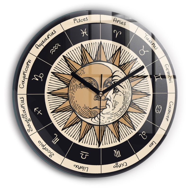 Zegar szklany czarne wskazówki Wallfluent fi30 cm Słońce i zodiaki 1 szt.