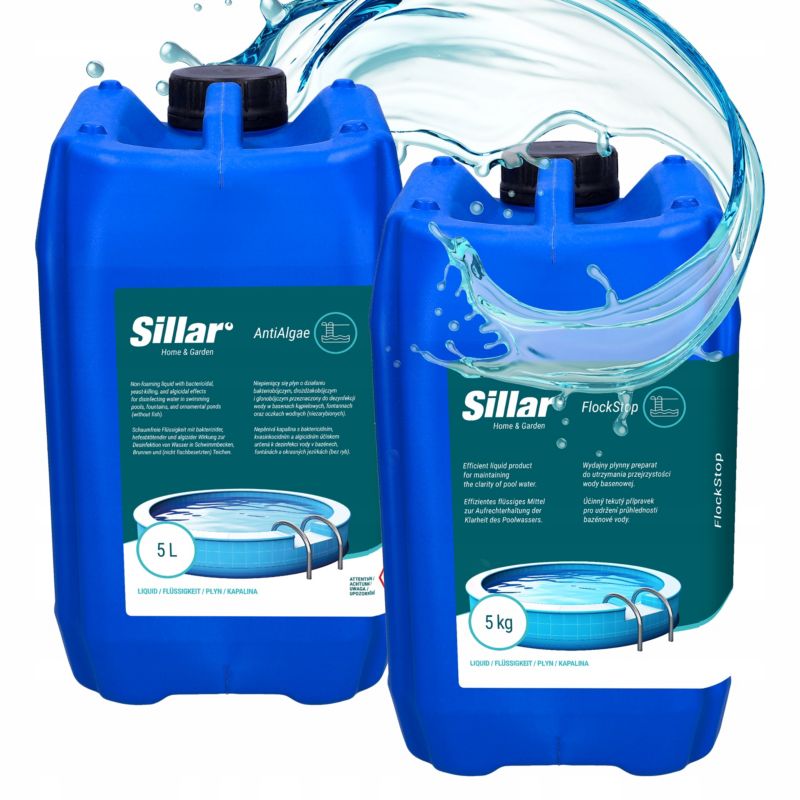 Chemia basenowa, Sillar, Antyglon w płynie, 5l + Koagulant FlockStop, 5l, zestaw do czyszczenia basenów, 2szt