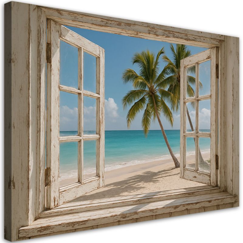 Obraz do salonu sypialni Feeby Widok z okna na plażę palmy Shabby Chic 120x80cm 1szt