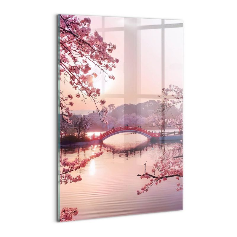 Szklany Obraz Ścienny Wallfluent 40x60 cm Kwiaty wiśni i most - styl japoński 1 szt.