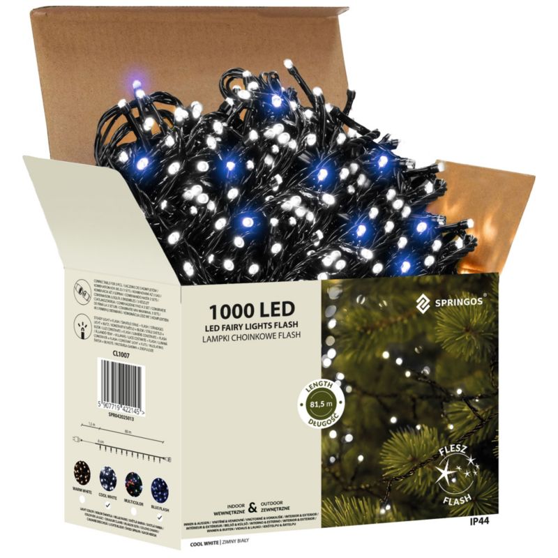 Lampki choinkowe Springos 1000 led oświetlenie świąteczne IP44 biały zimny, flash niebieski 1 szt.