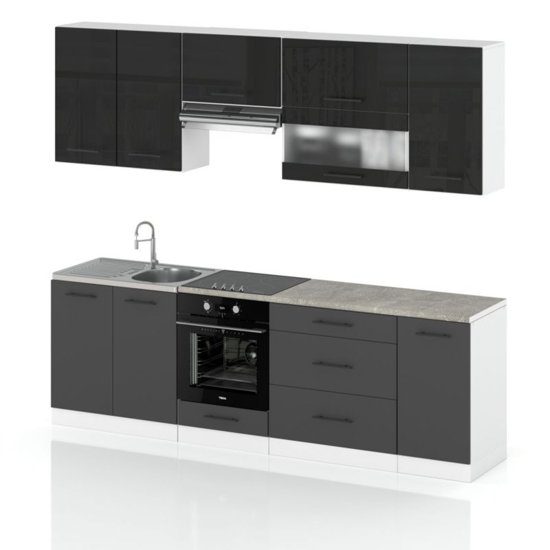 Zestaw Kuchenny Hurtownia-Mebli Z Blatem Kuchnia Marocco 260cm Biały Mat Czarny Połysk/Szary Mat 260x52x157 cm 1szt.