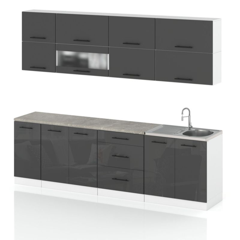 Zestaw Kuchenny Hurtownia-Mebli Z Blatem Kuchnia Robo Lux 260cm Biały Mat Szary Mat/Szary Połysk 260x52x157 cm 1szt.