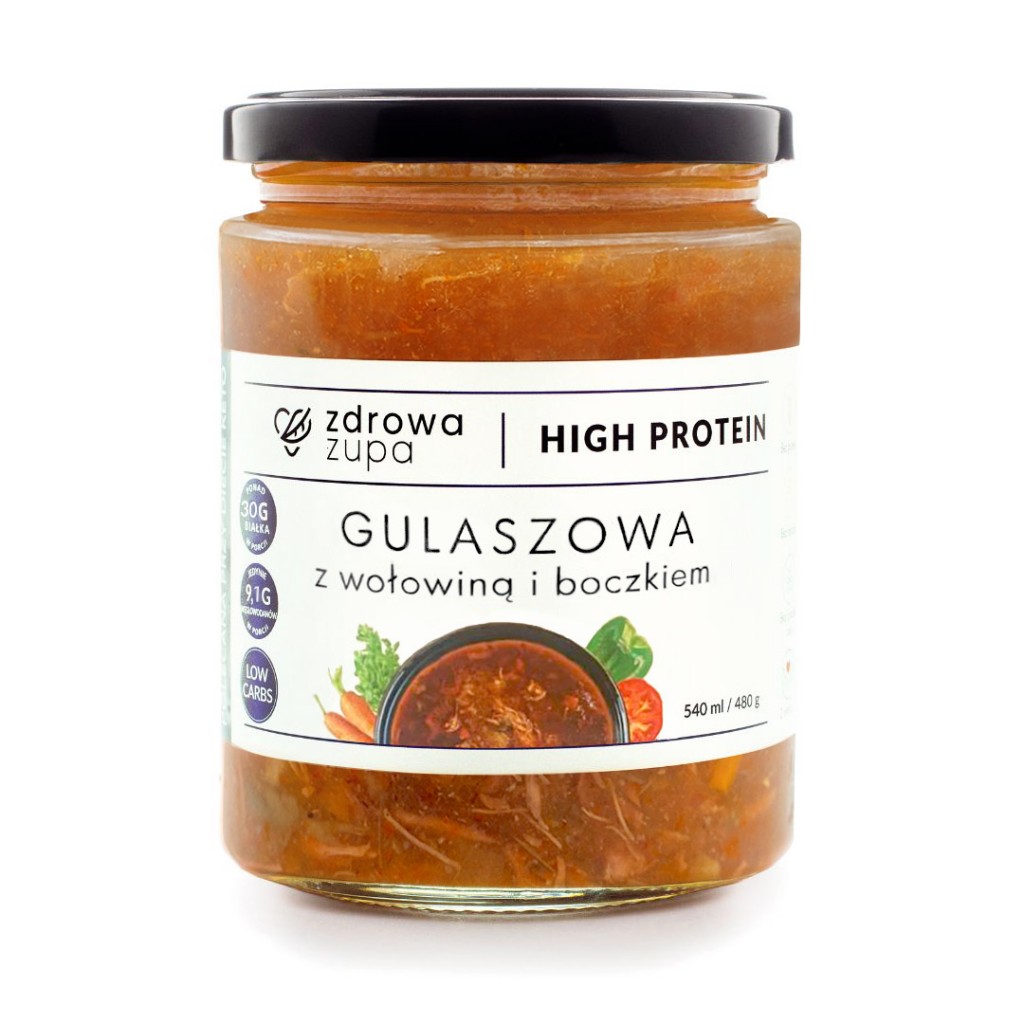 Wysokobiałkowa gulaszowa z wołowiną i boczkiem bezglutenowa (high protein, 31g białka - spalanie, czysty skład) 540 ml