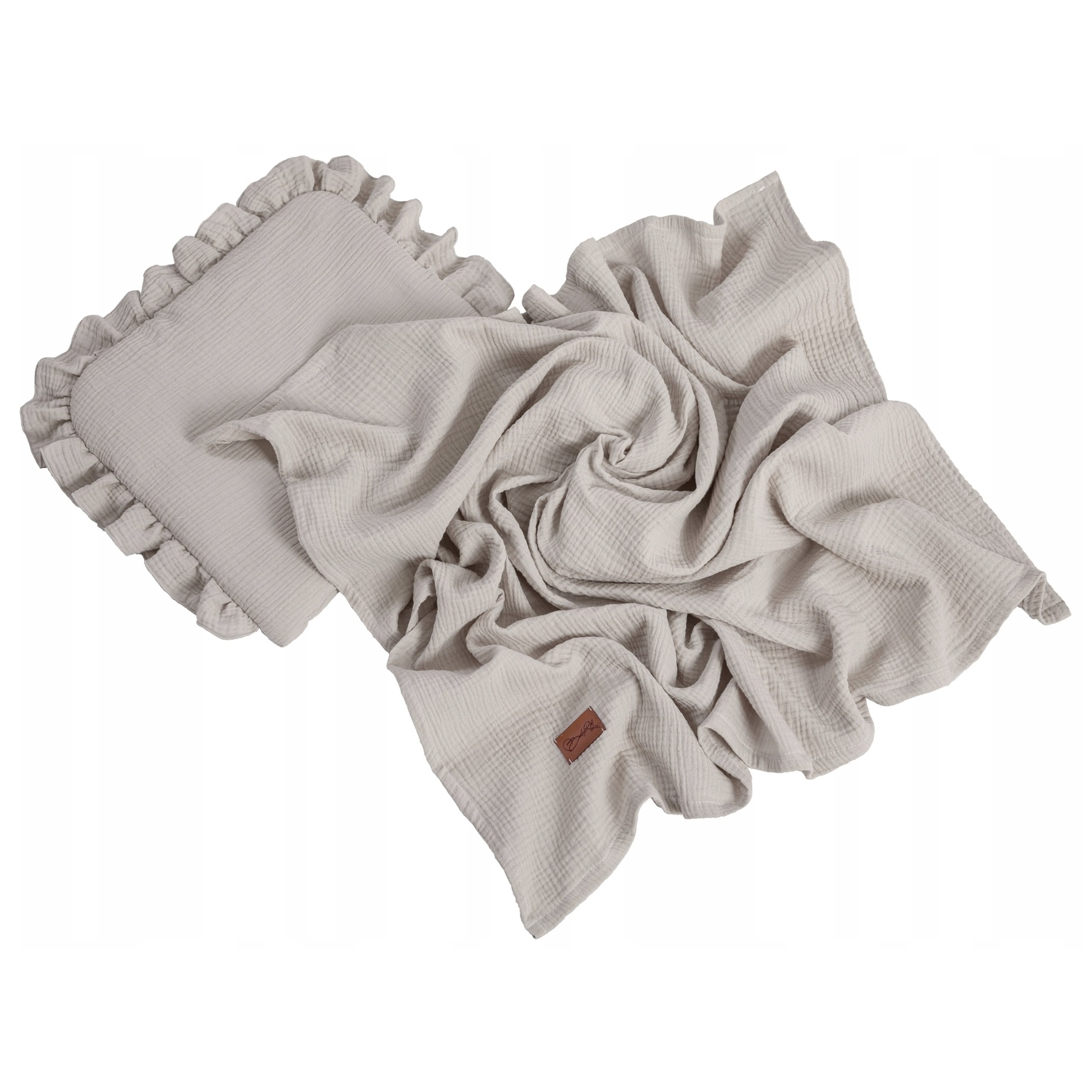 Zestaw muślinowy poduszka z falbanką + otulacz beż Wyprzedaż