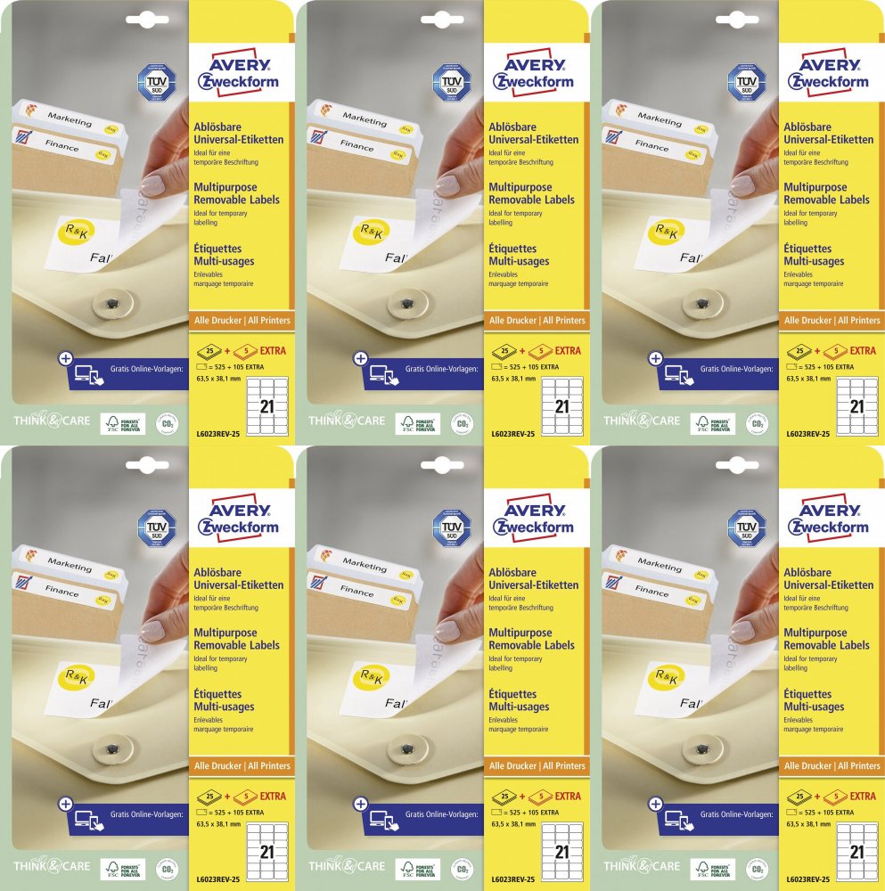 6x Etykiety samoprzylepne usuwalne Avery Zweckform, 63.5x38.1mm, 25 arkusz + 5 gratis, biały