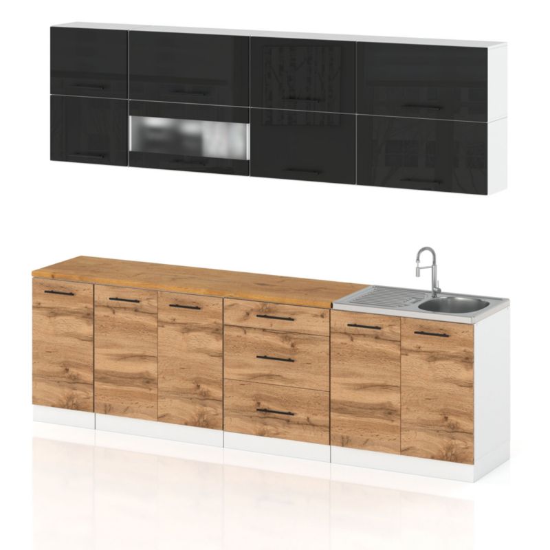 Zestaw Kuchenny Hurtownia-Mebli Z Blatem Kuchnia Robo Lux 260cm Biały Mat Czarny Połysk/Dąb Wotan 260x52x157 cm 1szt.