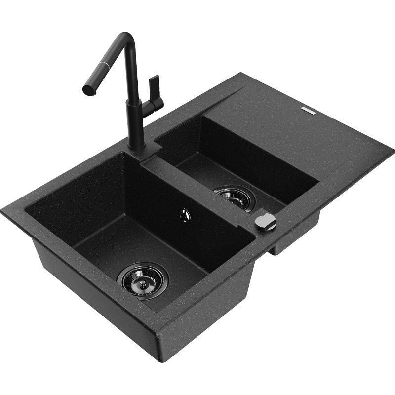 Zlewozmywak granitowy 1.5-komorowy Mexen Gaspar z ociekaczem i baterią kuchenną Flora czarny/złoty - 6507-75-670401-70-B 1 szt.