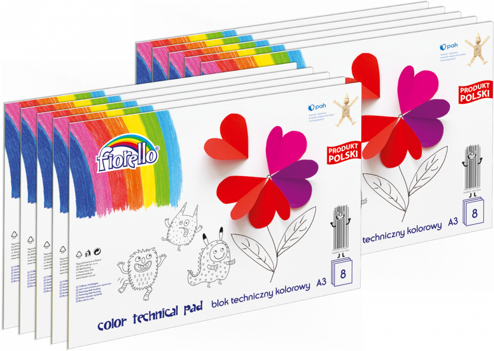10x Blok techniczny kolorowy Fiorello, A3, 8 kartek, kolorowy