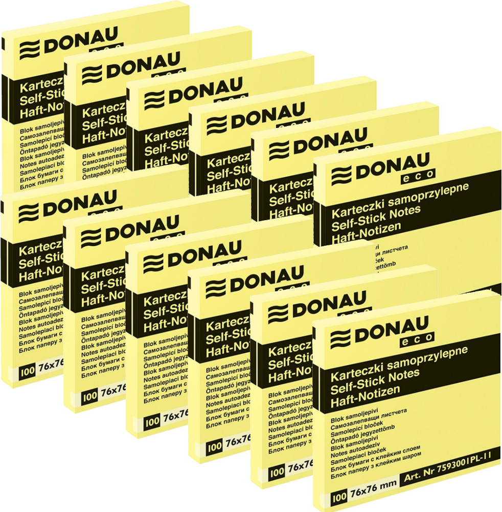 12x Karteczki samoprzylepne Donau Eco, 76x76mm, 100 karteczek, jasnożółty