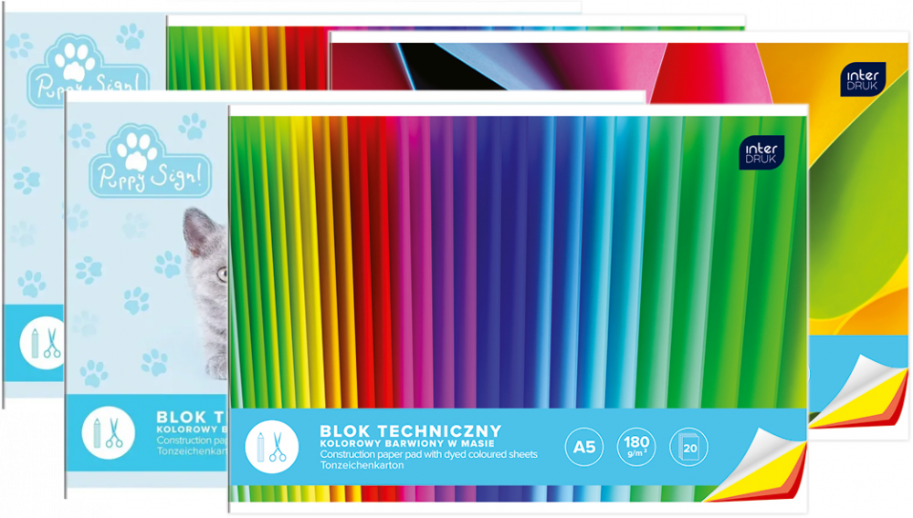 5x Blok techniczny kolorowy Interdruk, A5, 20 kartek, mix kolorów