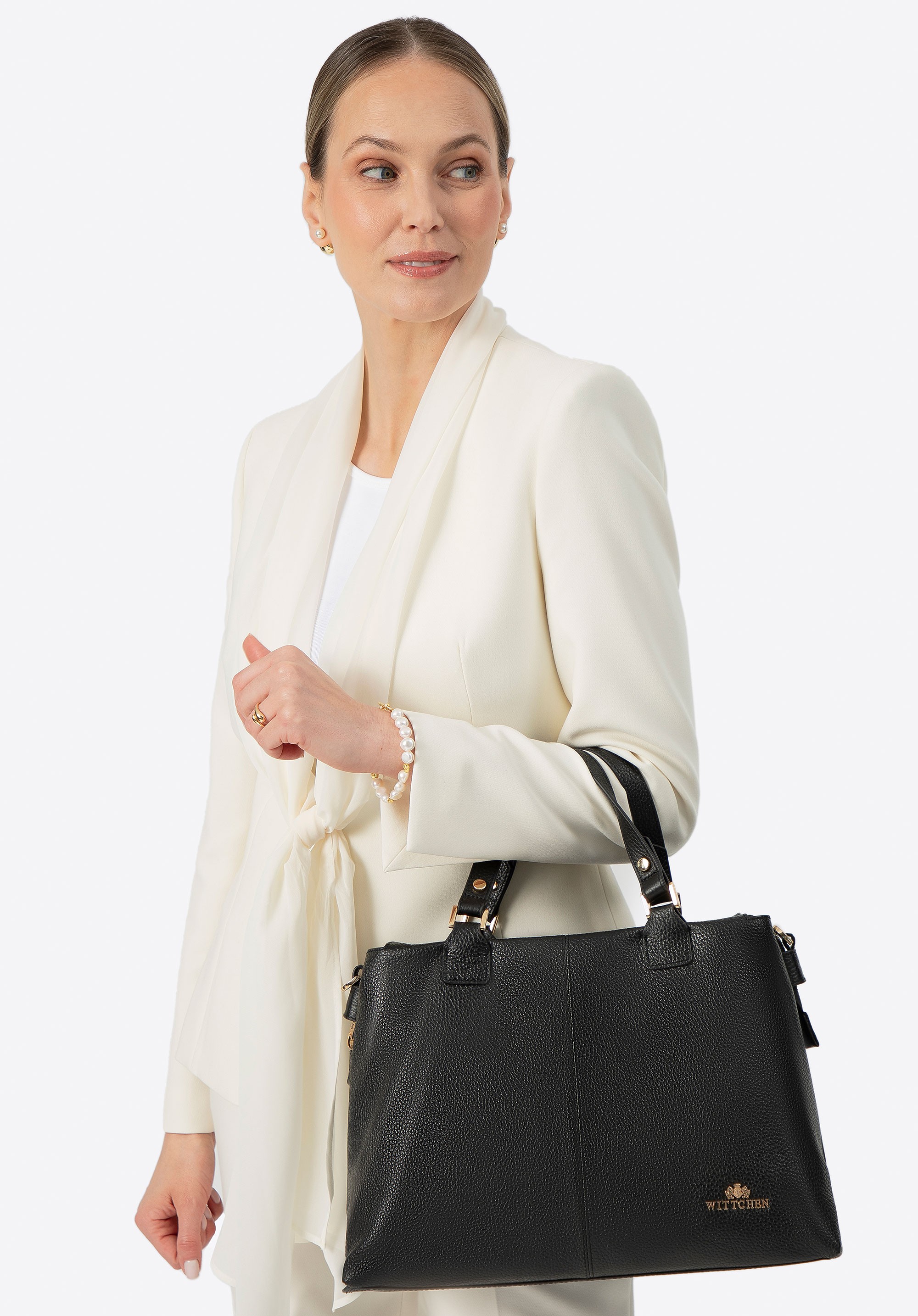 Damska shopperka ze skóry groszkowej dwukomorowa czarna