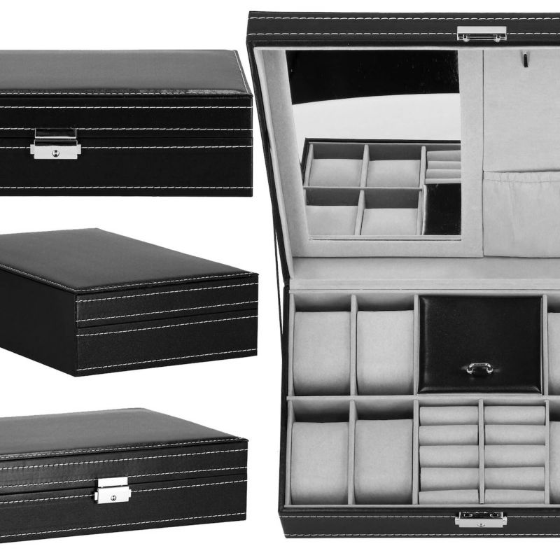 Szkatułka na zegarki Springos 33x20x9cm z przegródkami i lusterkiem czarna, ekoskóra 1 szt.