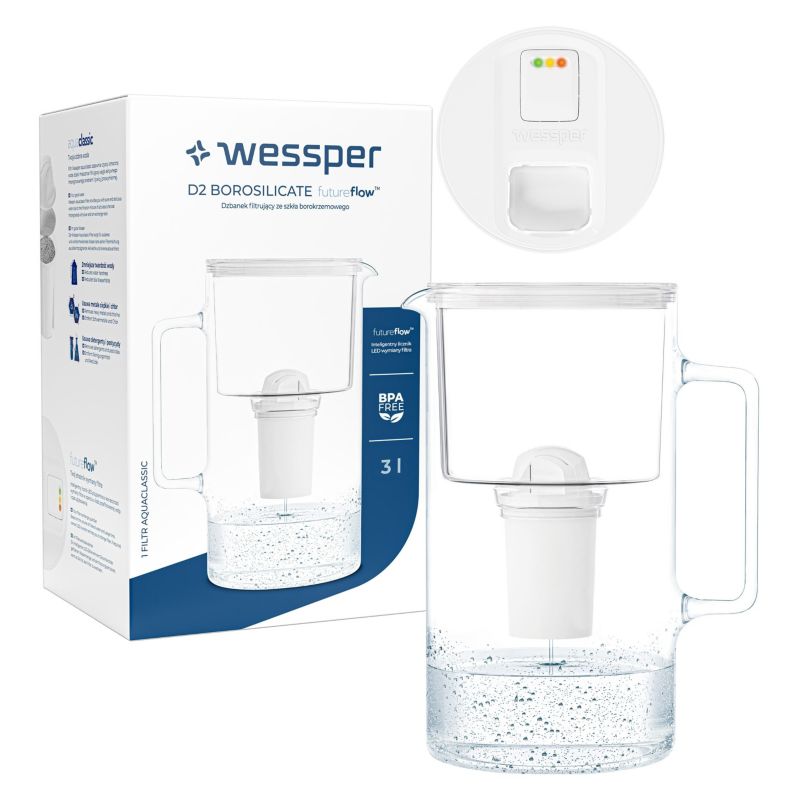 Dzbanek filtrujący wodę 3l, Wessper, ze wskaźnikiem LED, szklany, biały + 1x filtr wody, 2szt
