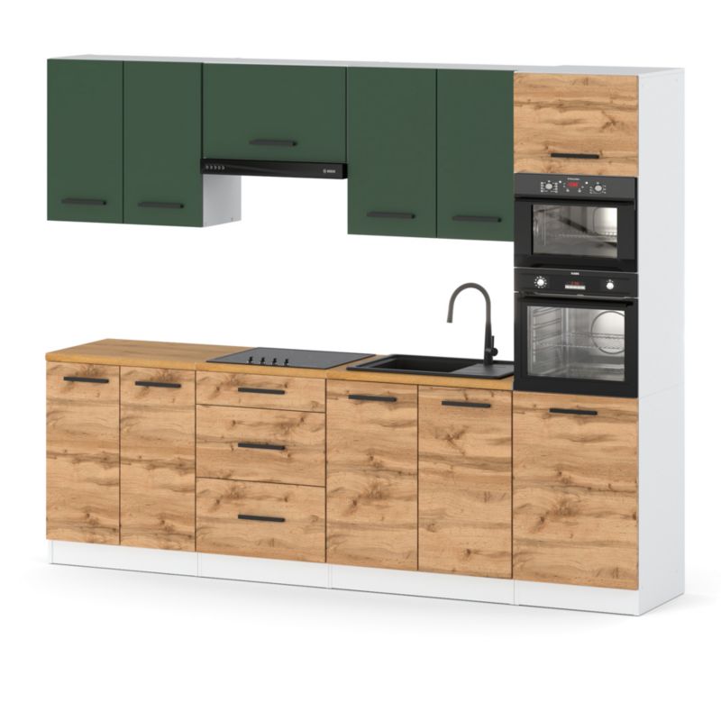 Zestaw Kuchenny Hurtownia-Mebli Z Blatem Kuchnia Marra 260cm Biały Mat Butelkowa Zieleń/Dąb Wotan 260x47x217 cm 1szt.