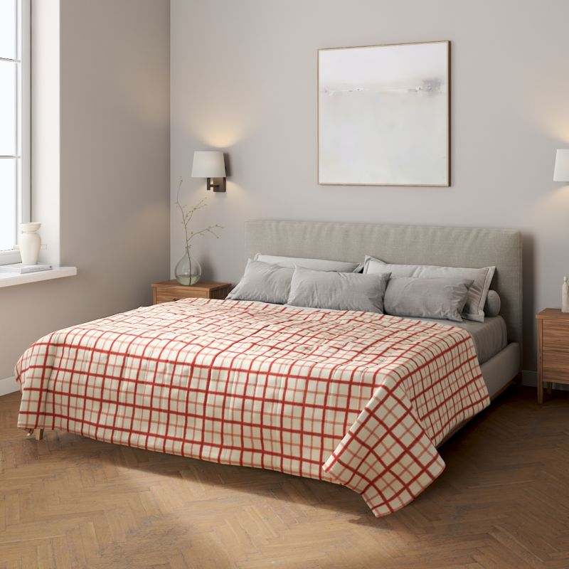 Narzuta pikowana w pasy Dekoria 260 x 210 cm czerwona kratka na tle ecru 1 szt.