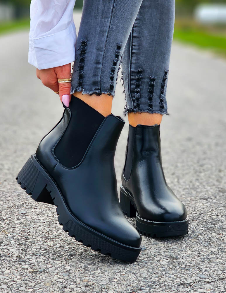 Skórzane Botki Blogerki Na Szerokim Słupku z Gumą