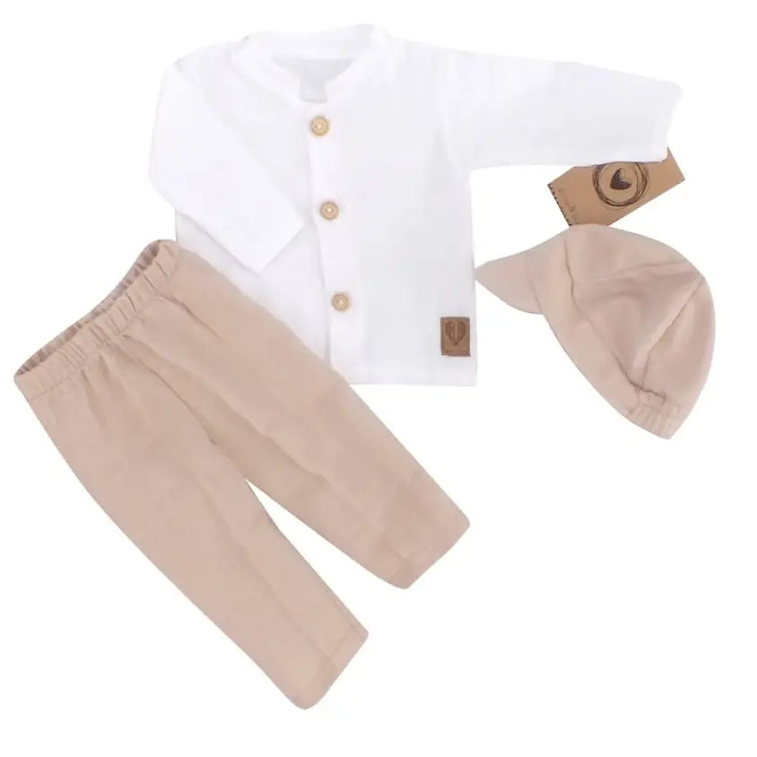 3CZ MUŚLINOWY KOMPLET ELEGANCKI Z KASZKIETEM DO CHRZTU PIASKOWY ZZ - 62