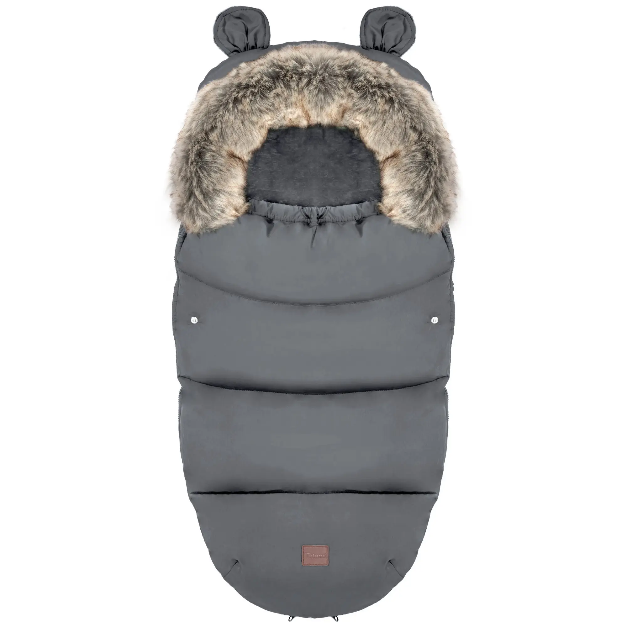 Zimowy śpiworek do wózka z uszkami i futerkiem ciemny szary BWT