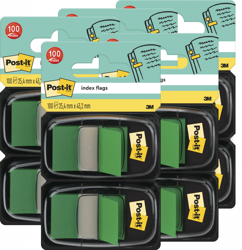 5x Zakładki samoprzylepne Post-it proste, indeksujące, folia, półtransparentne, 25x43mm, 2x50 sztuk, zielony