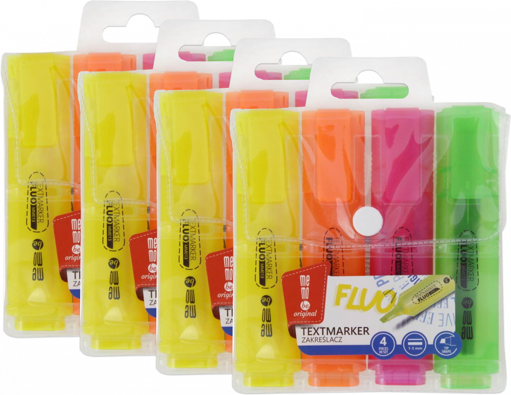 4x Zakreślacz MemoBe, ścięta, w etui, 4 sztuki, mix kolorów neonowych