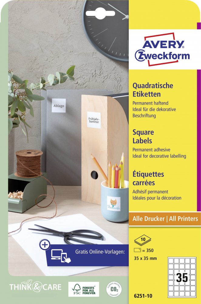 Etykiety samoprzylepne na słoiki Avery Zweckform, kwadratowe, 35x35mm, 10 arkuszy, 350 sztuk, biały