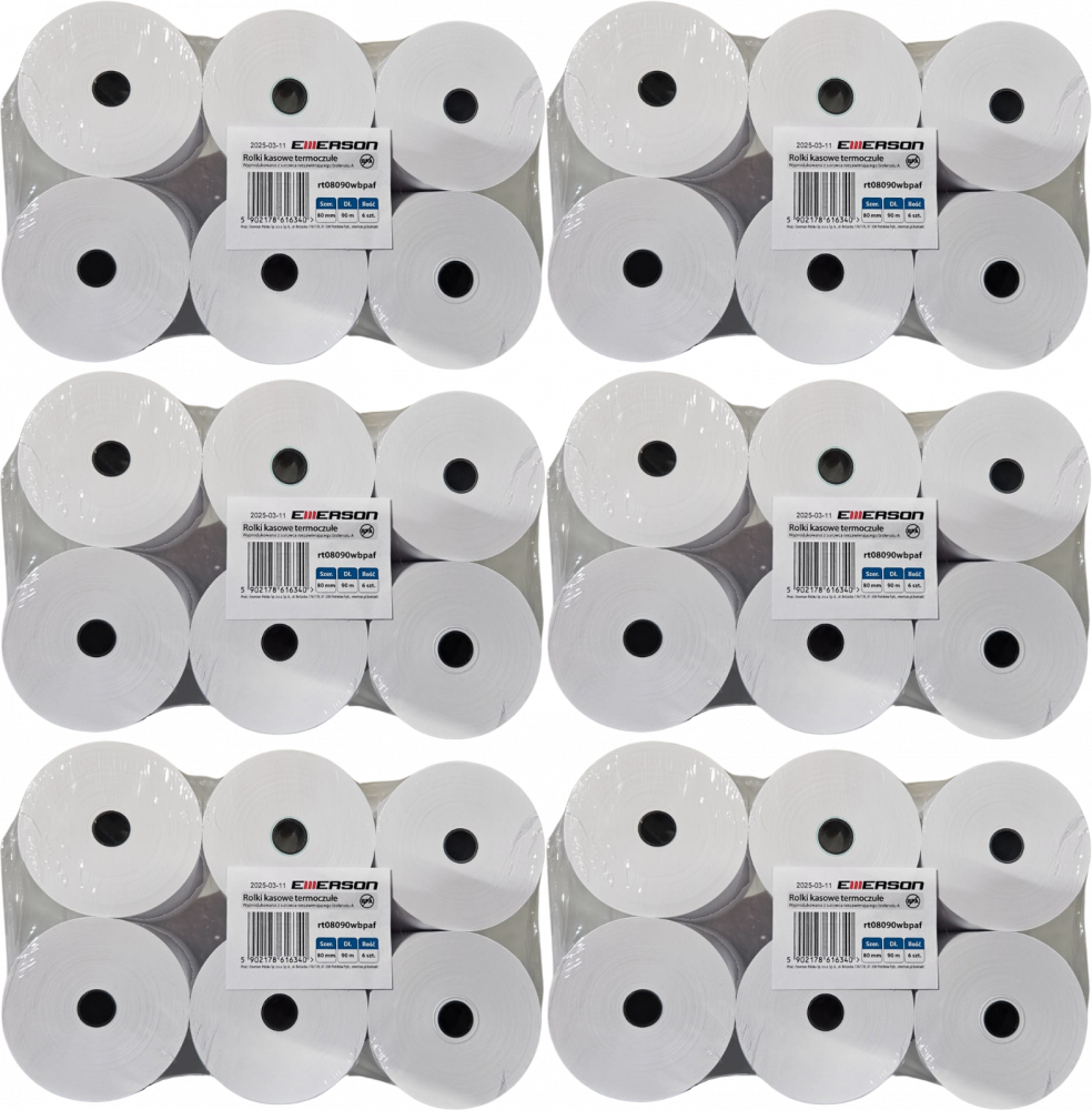 6x Rolka termiczna Emerson, 80mm x 90m, 50+/- 6g/m2, BPA Free, 6 sztuk, biały