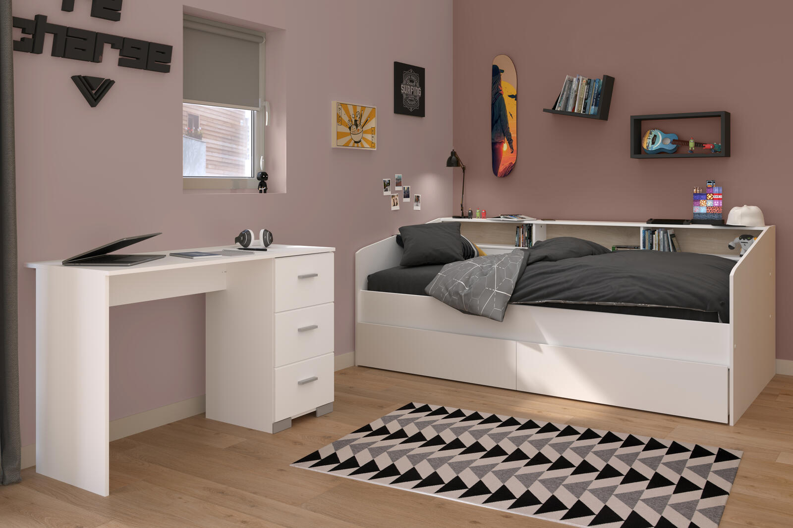 Łóżko dziecięce z szufladami i biurkiem Sleep białe