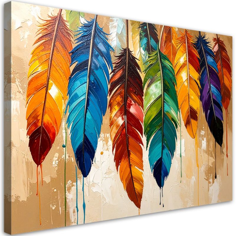Obraz nowoczesny do salonu Feeby Kolorowe Pióra efekt farby beżowy 100x70cm 1szt