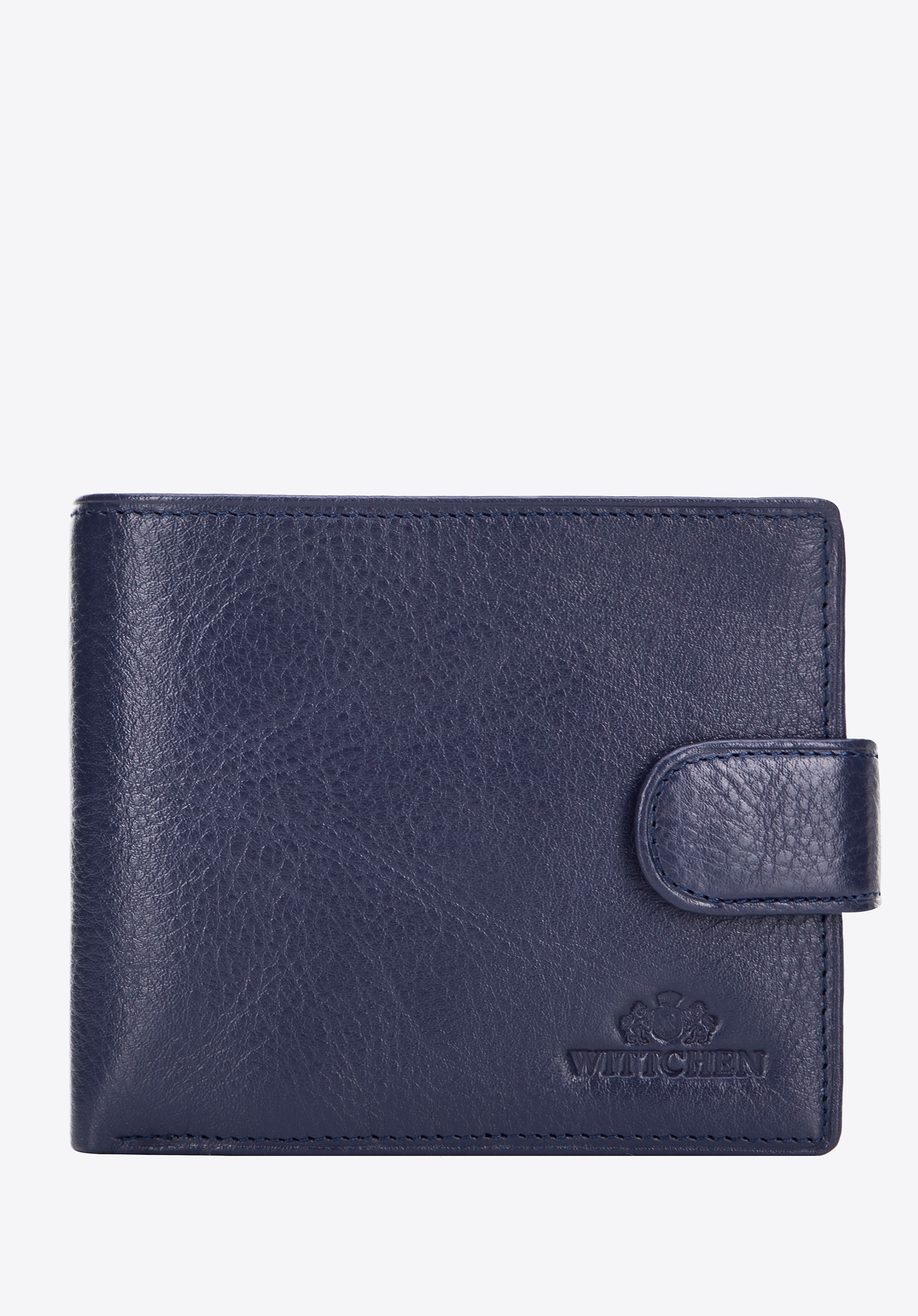 Skórzany męski portfel zapinany na napę granatowy