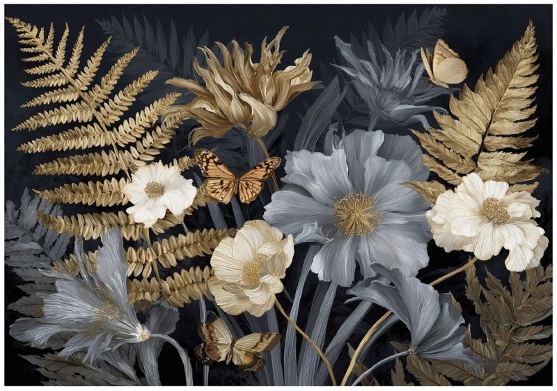 Fototapeta WALLARENA Do Sypialni Salonu Na Flizelinie Liście Vintage Kwiaty Szary 300x210 cm 16036VX6 1 szt.