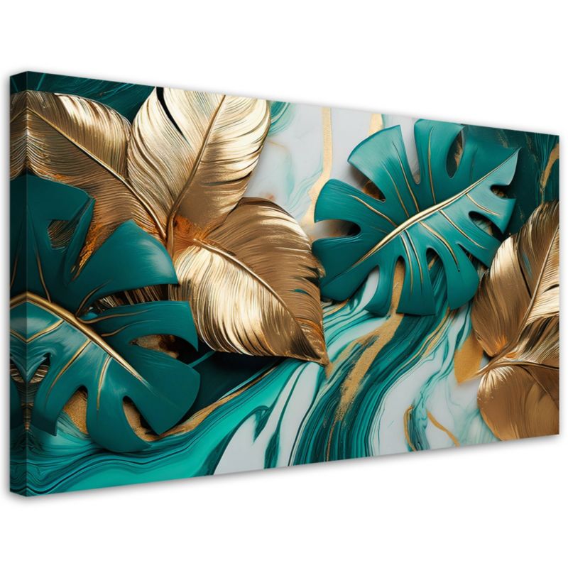 Obraz na płótnie Feeby Liście Monstery Złoty Turkusowy Marmur 120x60cm 1szt