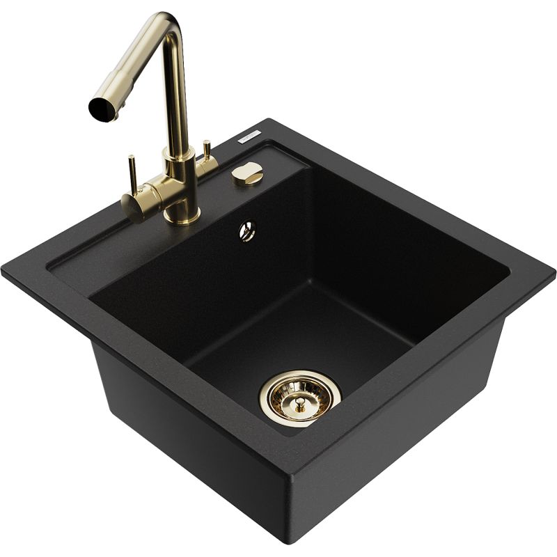 Zlewozmywak granitowy 1-komorowy Mexen Vito z baterią kuchenną Duero czarny 6503-77-671600-50