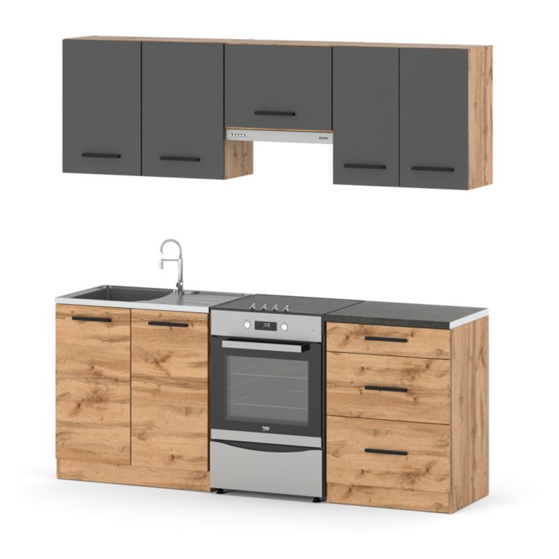 Zestaw Kuchenny Hurtownia-Mebli Z Blatem Kuchnia Mini Mokka Plus 200cm Dąb Wotan Szary Mat/Dąb Wotan 200x47x145 cm 1szt.
