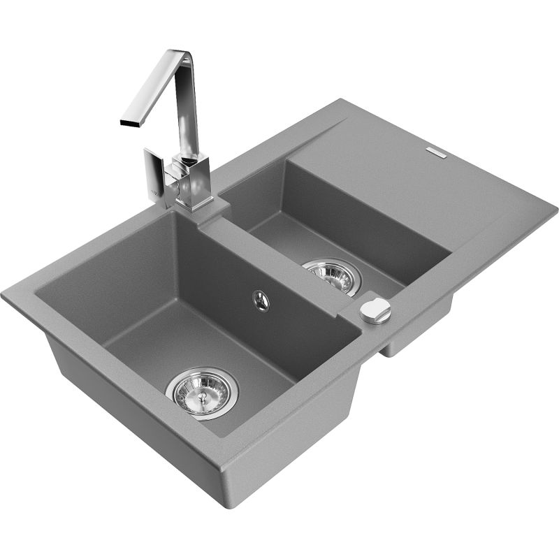 Zlewozmywak granitowy 1.5-komorowy Mexen Gaspar z ociekaczem i baterią kuchenną Rita szary 6507-71-670300-00