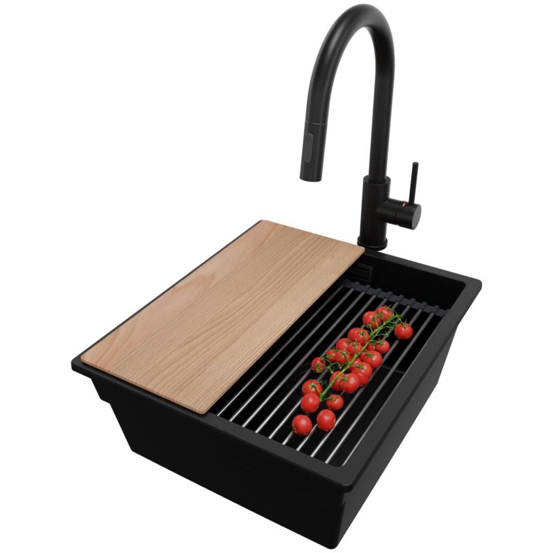 Zlewozmywak Granitowy Praga Slim PRIMAGRAN Nablatowy 41x47cm do szafki od 45cm z Syfonem i Baterią i Dodatkiem Cały Czarny 1 szt.