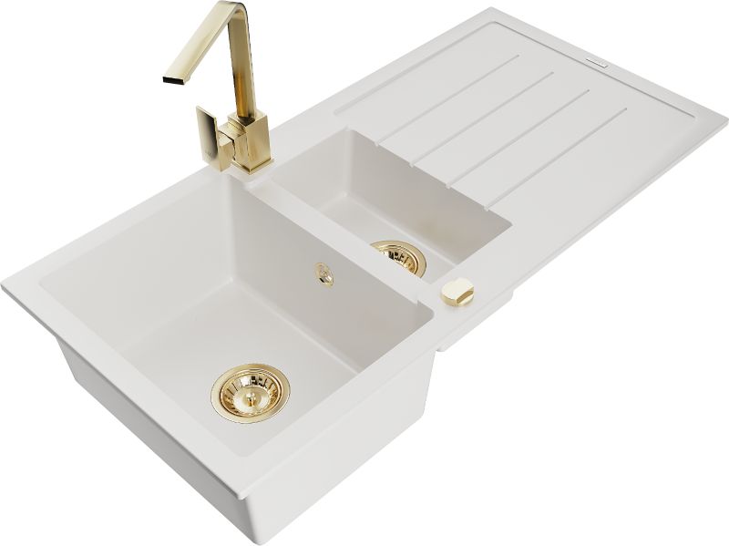 Zlewozmywak granitowy Mexen Andres 1,5-komorowy z ociekaczem i baterią kuchenną Savita beżowy - 6515-69-672601-70 1 szt.