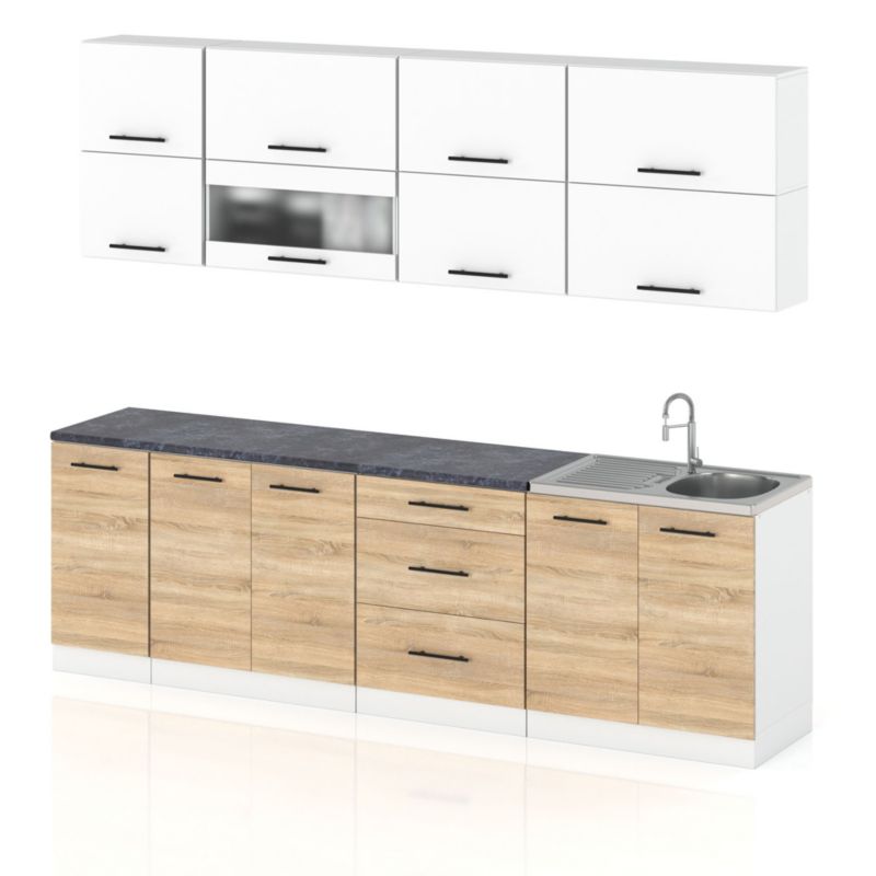 Zestaw Kuchenny Hurtownia-Mebli Z Blatem Kuchnia Robo Lux 260cm Biały Mat Biały Mat/Dąb Sonoma 260x52x157 cm 1szt.